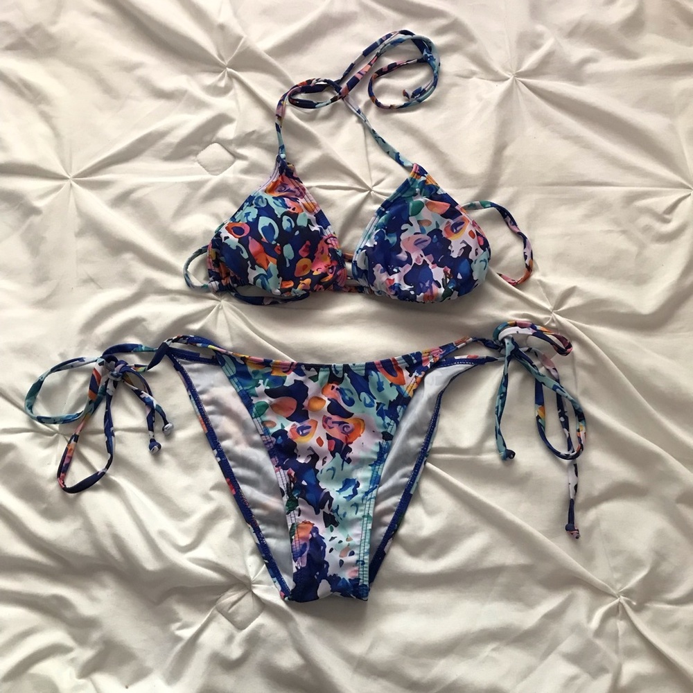 Blue floral colourful patterned tie bikini set